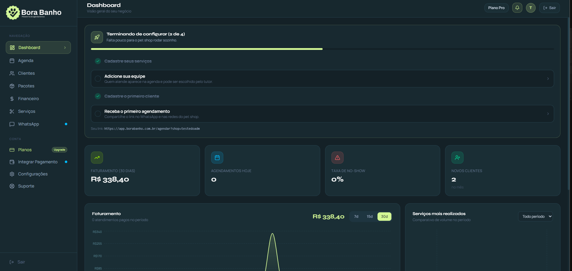 Dashboard da plataforma Bora Banho